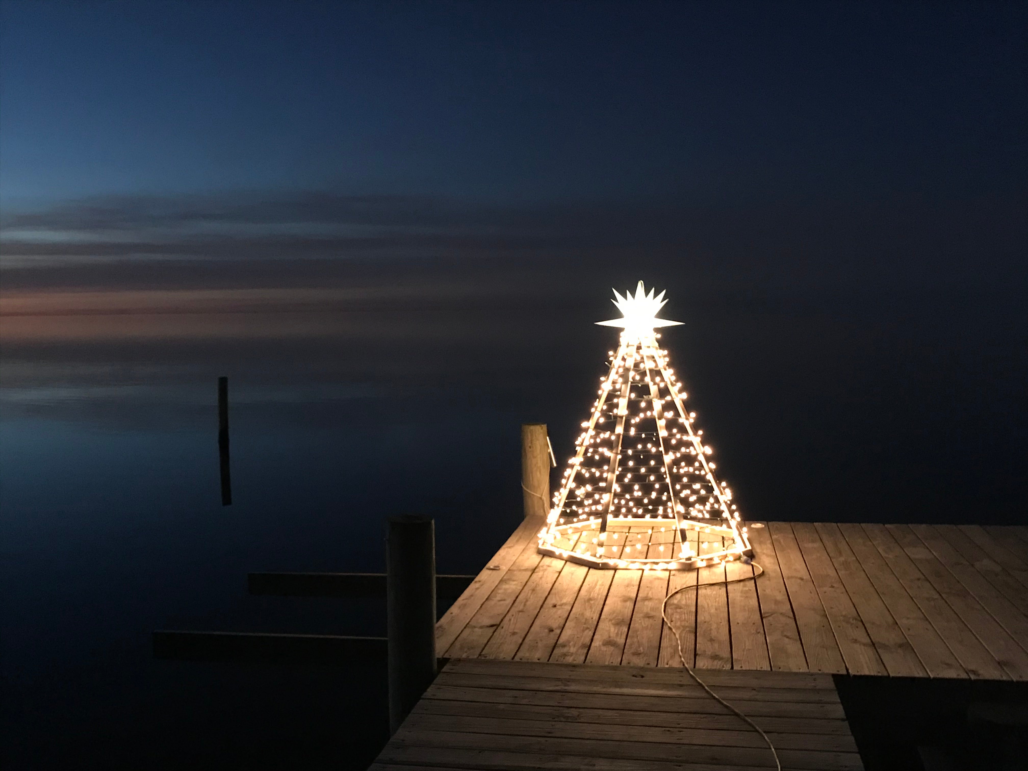 Christmas tree on a dock by the Pamlico Sound