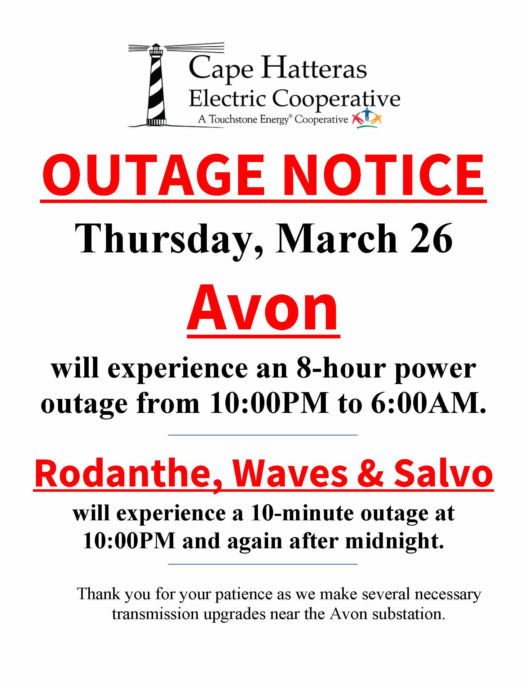 Outage Notice for March 26. Call 252-995-5616 for details