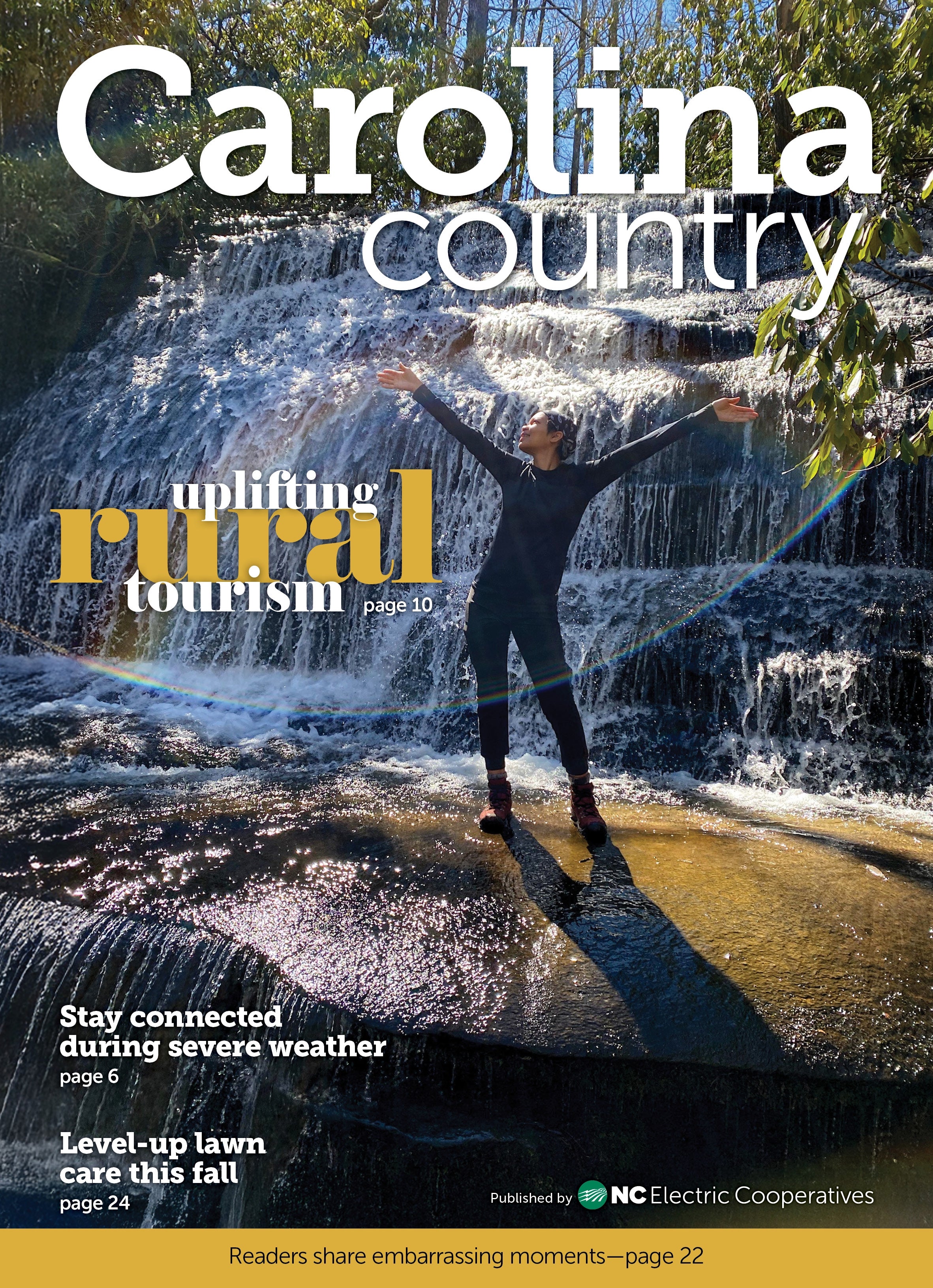 September Carolina Country Cover, Hiker by waterfalls titled uplifting rural tourism