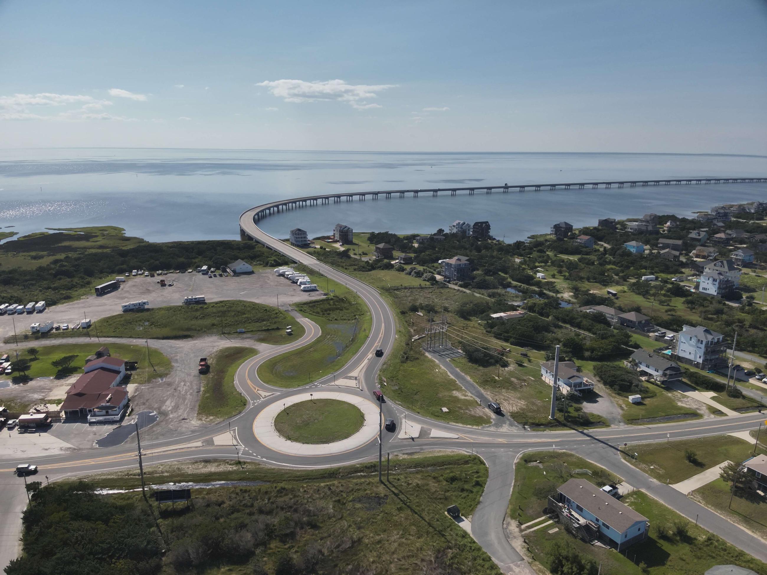 Rodanthe traffic circle from drone with Jughandle bridge in background.