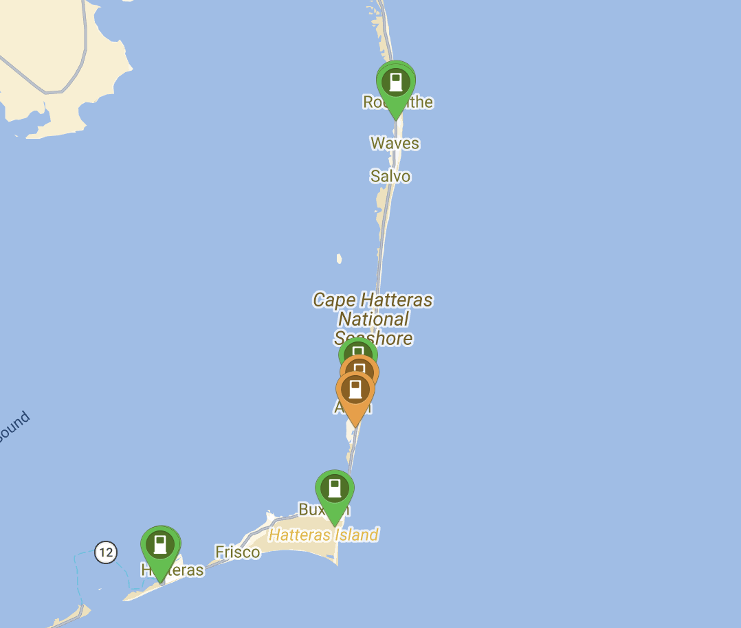 Map showing public electric vehicle chargers on Hatteras Island