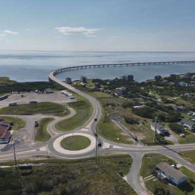 Rodanthe traffic circle from drone with Jughandle bridge in background.
